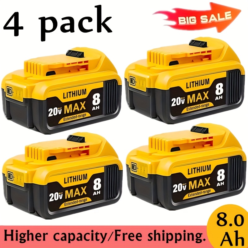 TEMU Lot de 1/2/4 batteries lithium-ion 20V Max Dewalt - Capacité de 8.0Ah, tension de 20V, compatibles avec les modèles Dewalt 20V Max XR (DCB200,