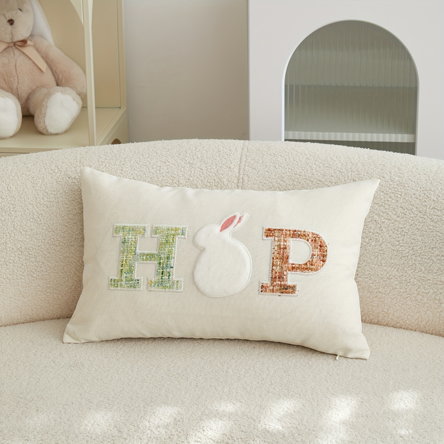 

1pc Easter Hop Letter Bunny Embroidered Pillow Cover, Suitable For Indoor Decoration, Easter Decorative Pillow Cover, Insert Not Included.