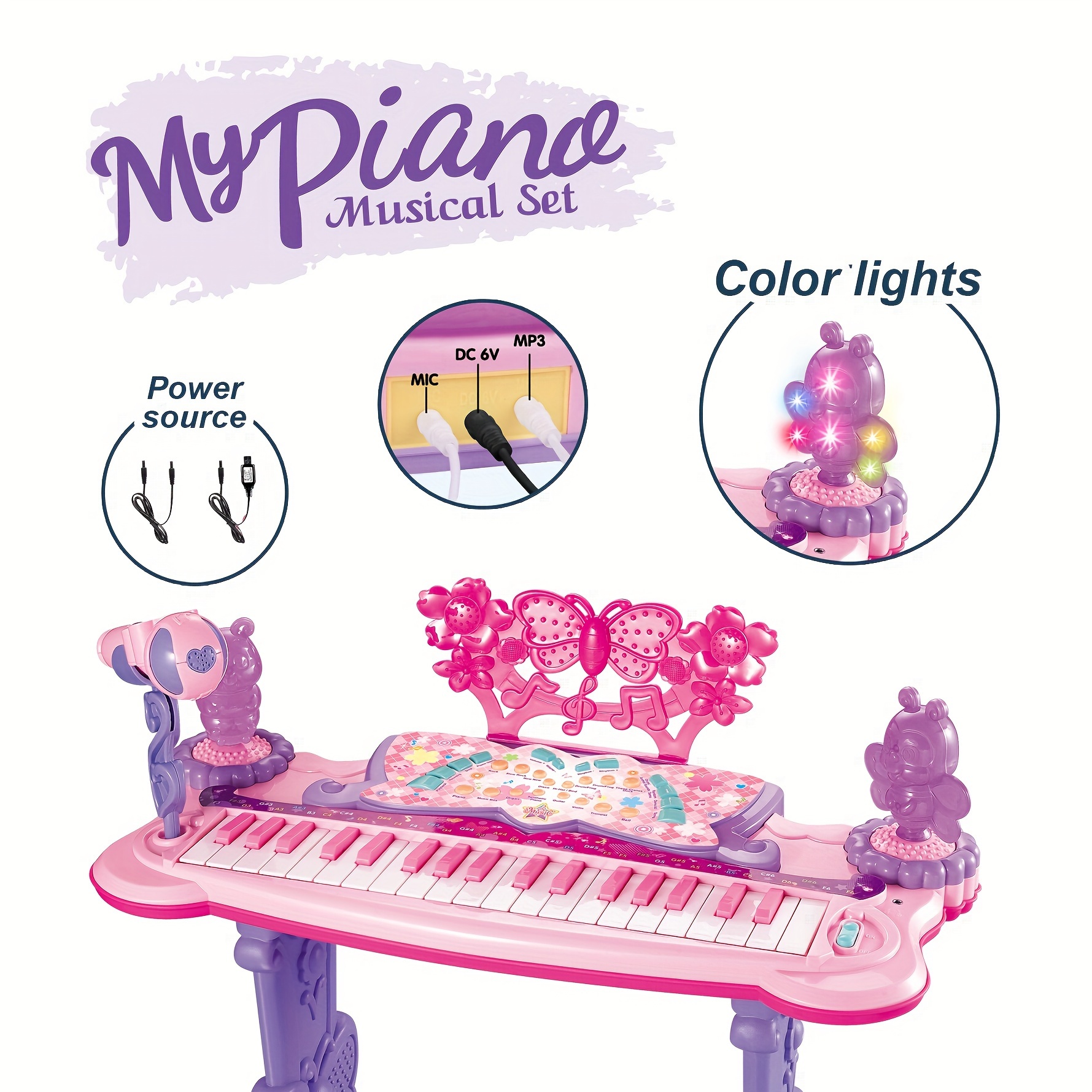 37 key Pink Electronic Keyboard Toy Girls Stand Dual Power details 3