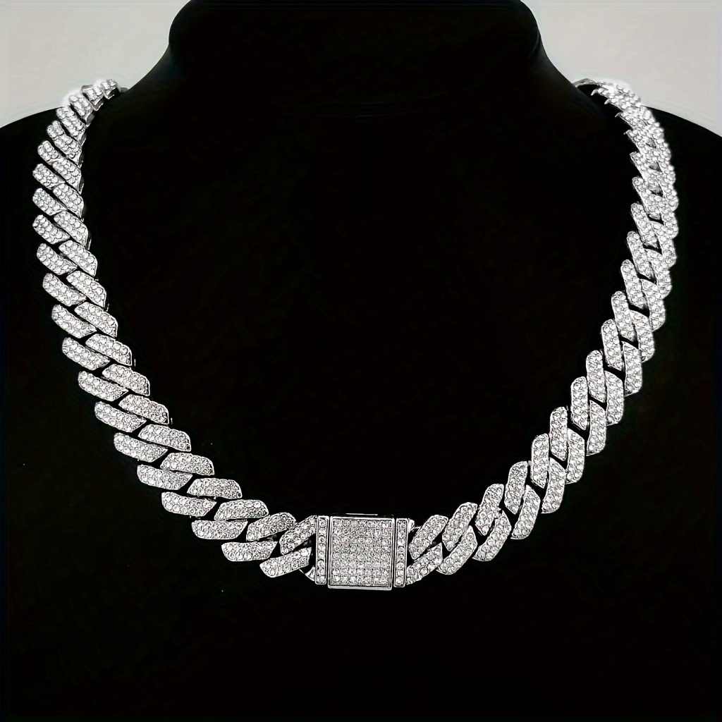 

14mm Cuban Link Chain Hip Hop Men Necklace Iced Out Chain 2 Row Rhinestone Paved Miami Rhombus Cuban Necklace