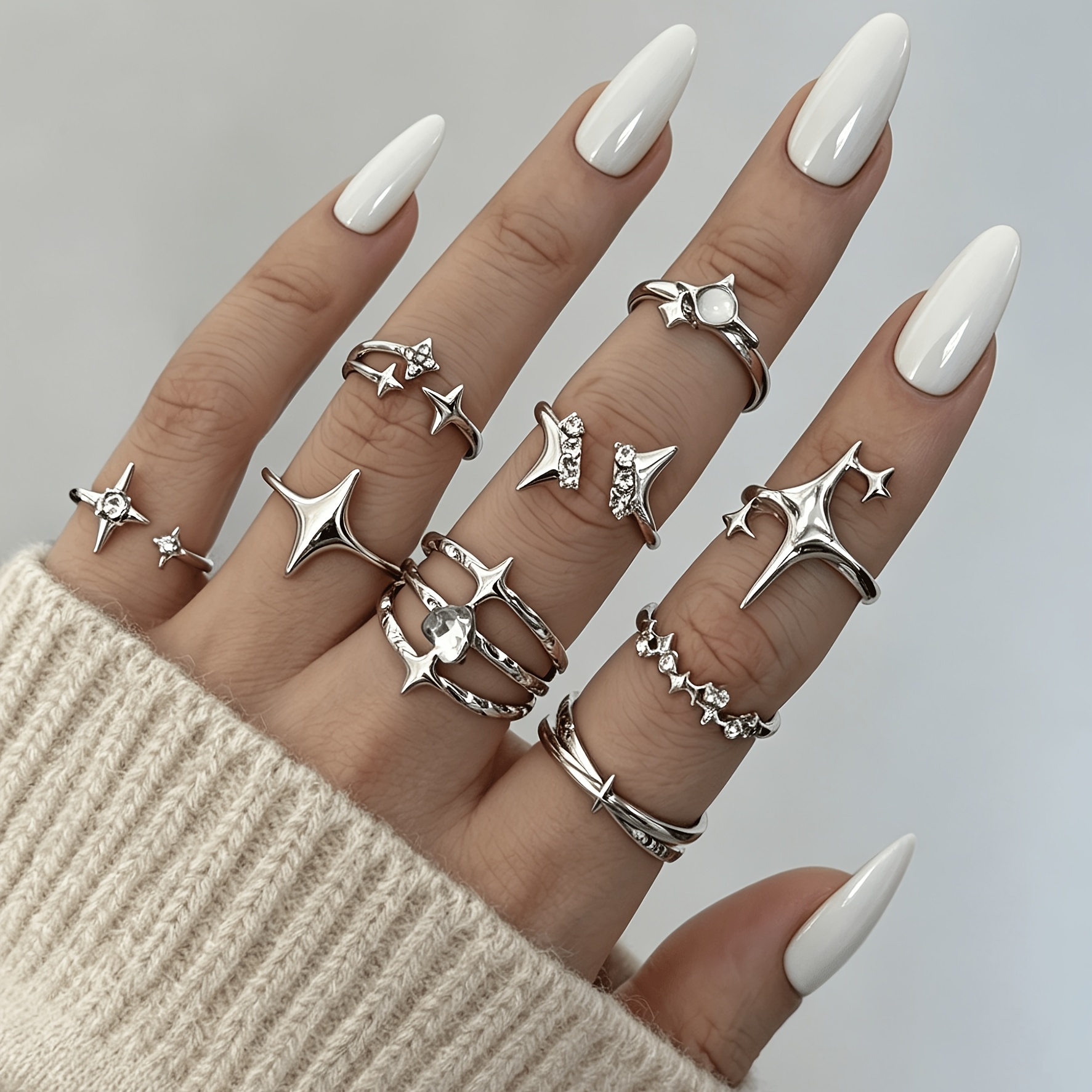 Image of 9pcs Set Alloy Rhinestone Ring Stackable Set Y2k Style Set Women's Sweet Cool Niche Design Sense All-match Band