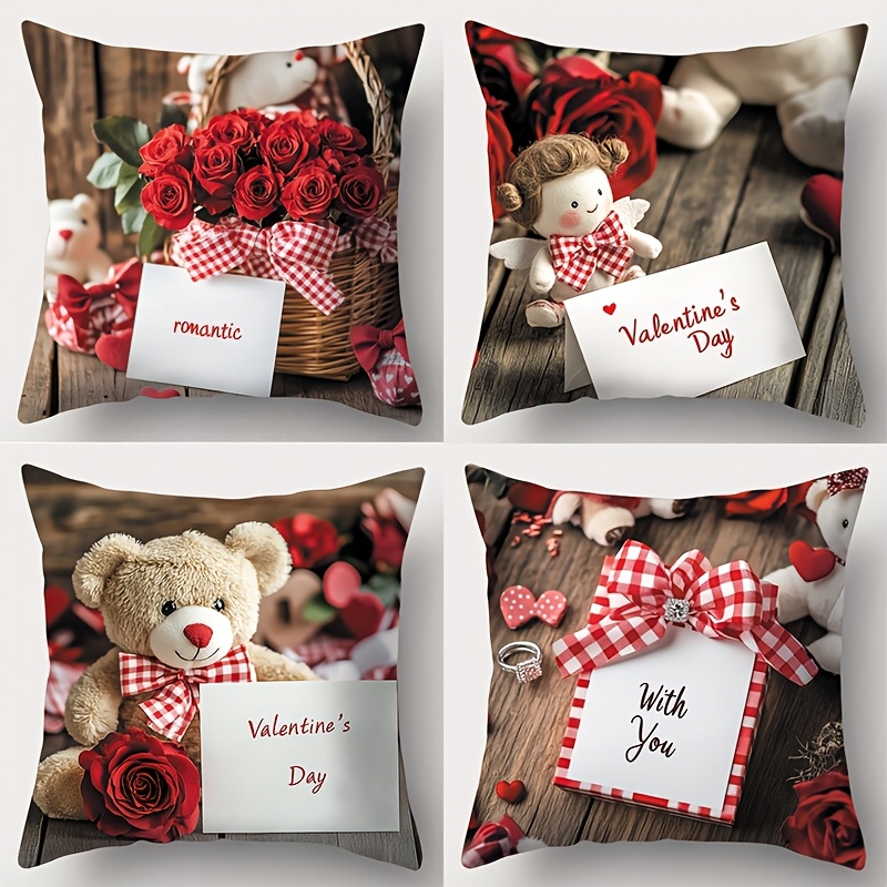 

4-pack Valentine's Day Pillow Covers, & Teddy , 18x18 Inch, Machine Washable, Zippered Polyester Cases For Sofa & Living Room Decor, Woven Throw Pillowcases, No Insert