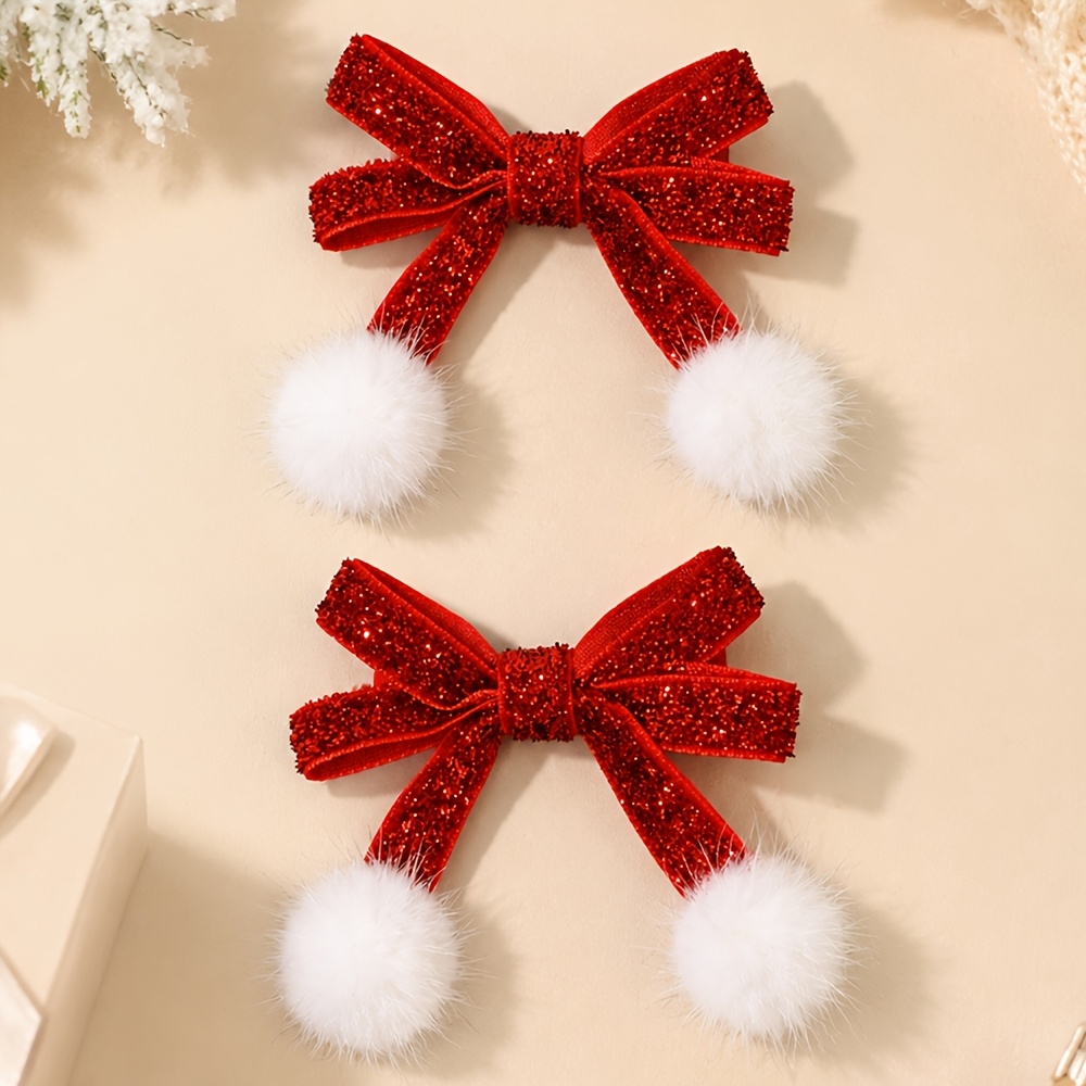 TEMU 2pcs Christmas Red Bow Hair Clips For Women Mini White Pompom With Sparkling Bow Decor Bow Hair Barrettes Hair Accessories For Christmas Party,