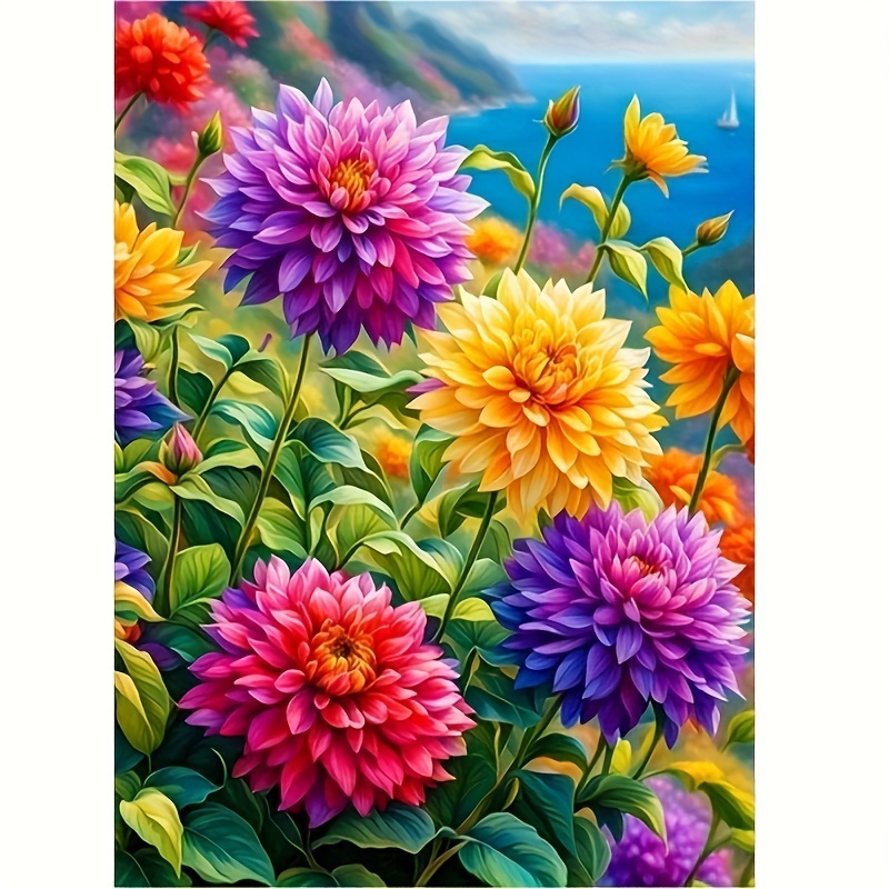 

5d Round Diamond Painting Kit - Dahlias , Canvas Flower Theme Diy Craft For Beginners, Home Wall Decor Gift, 11.8x15.7 Inch ()