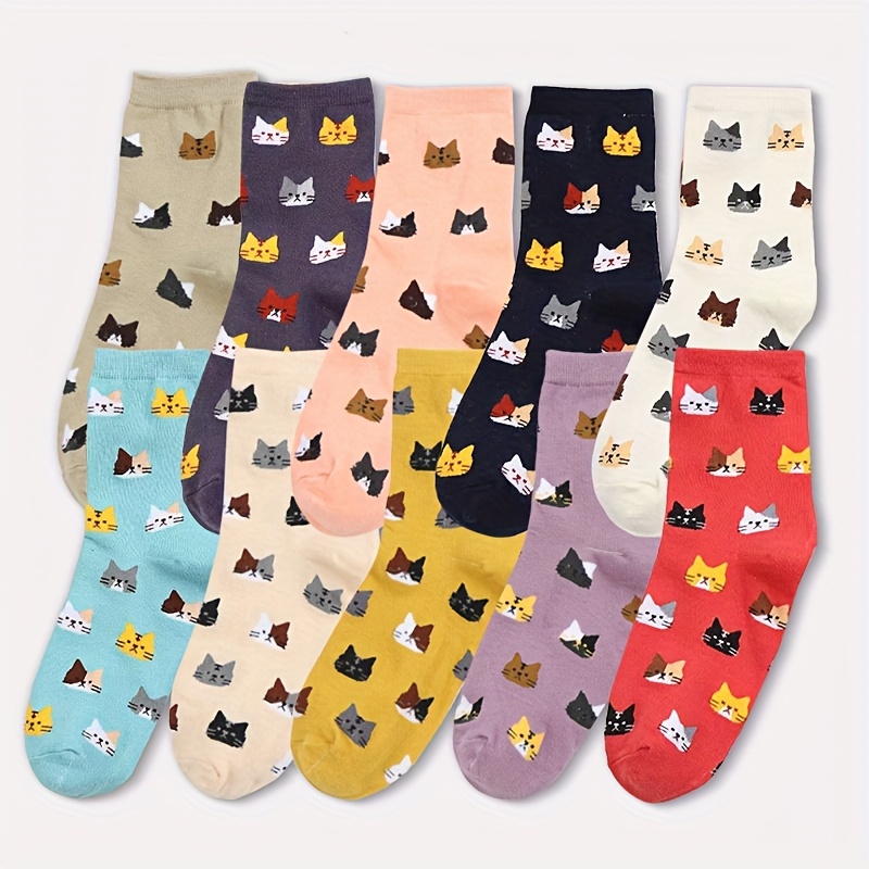 

Women's Cartoon Cat Knee-length Socks 5-pair Pack, Cotton Blend Comfortable Warm Casual Socks With Cute Cat Print, Polyester And Spandex Knit Fabric