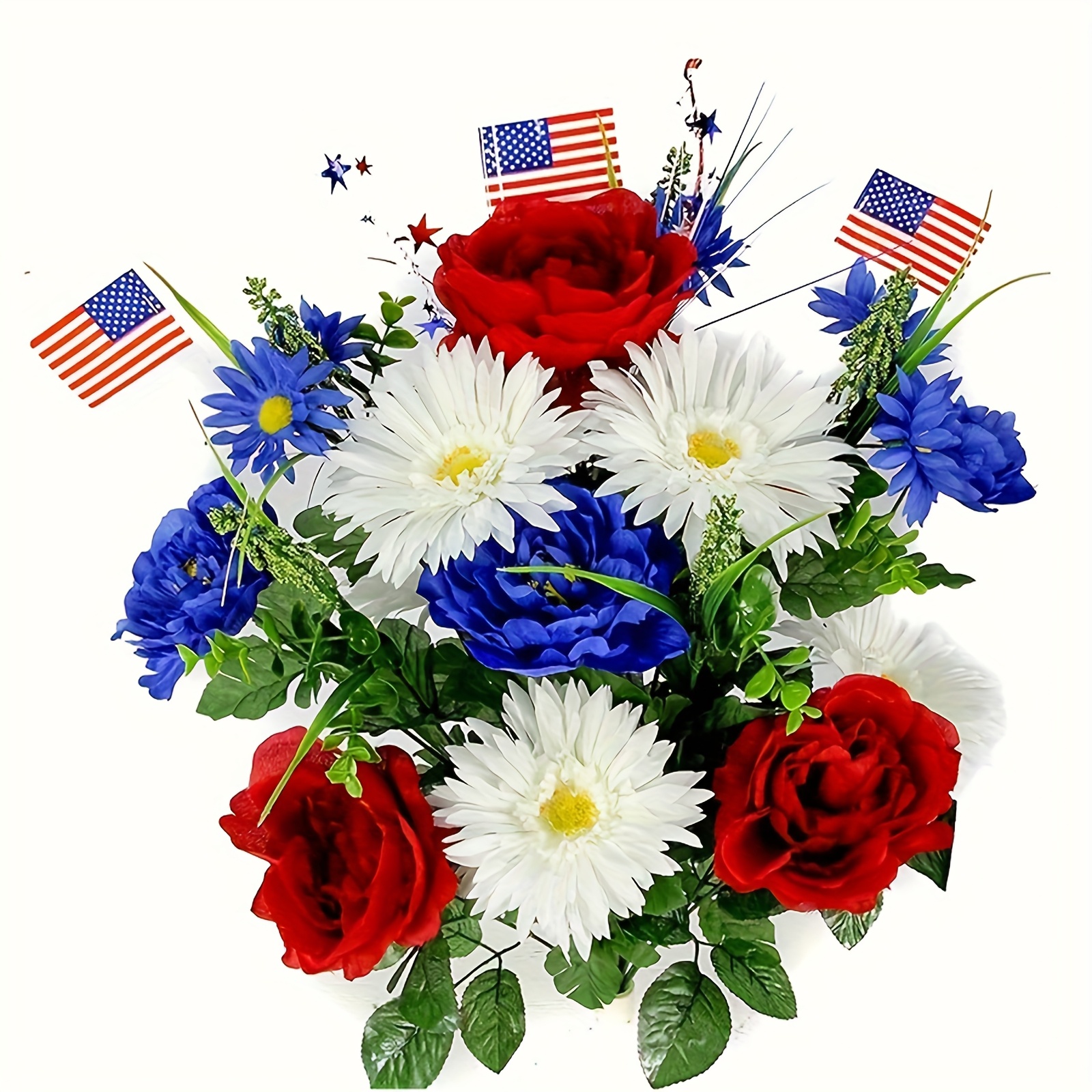 TEMU 4th Artificial Flowers For Home Decor, Patriotic Fake Babys Breath Realistic Bouquet, Usa Americana Floral Arrangement Decorations For Table Centerpiece