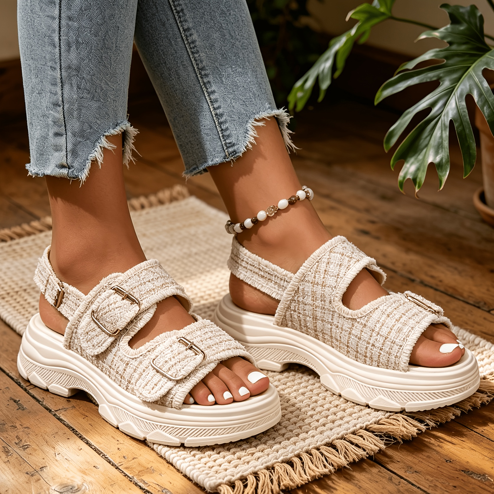 TEMU Sandales d'été confortables et décontractées pour femmes, chaussures tendance style petite robe, chaussures plates à semelle épaisse pour