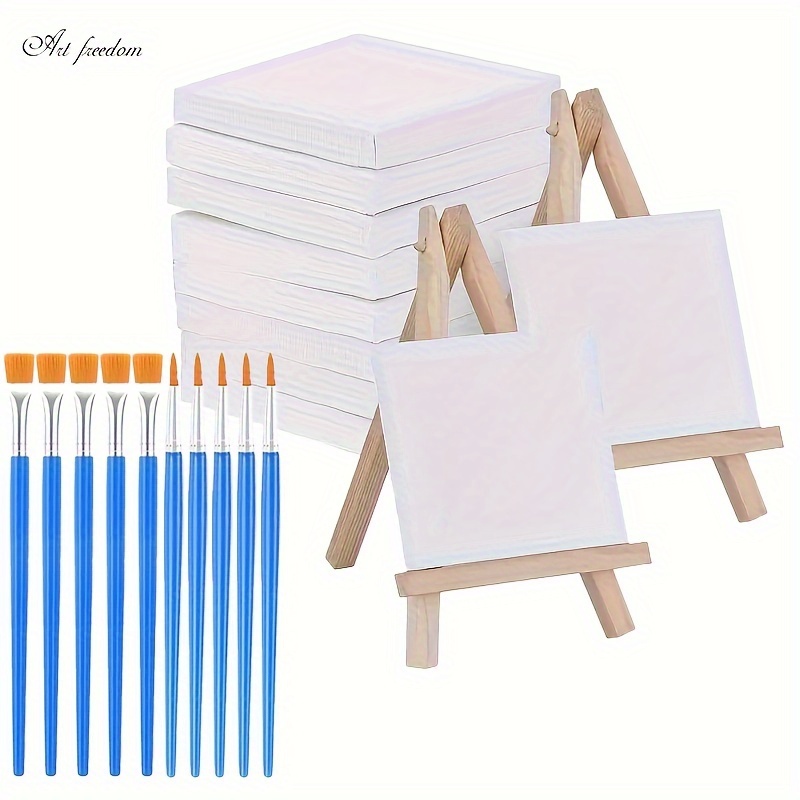 

22pcs Artist Canvas Panel & Paint Brush Set With Pine Easel - 4x4 Inch Cotton Canvas Boards For Oil, Acrylic & Watercolor Painting - Flat & Pointed Nylon Brushes Included