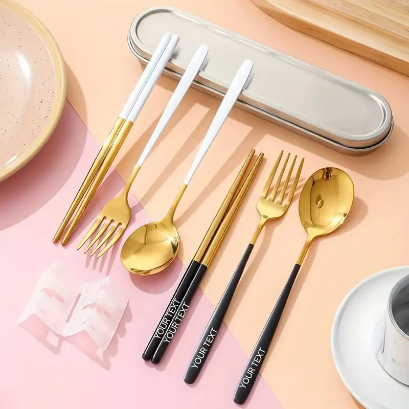 3pcs customized 304 stainless steel portable tableware 304 stainless steel box piece portable tableware set travel student canteen outdoor work specific tableware reusable Product details 2
