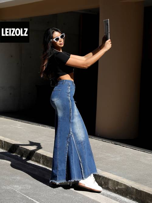 y2k denim zeemeerminrok, vintage distressed blauwe high-waisted tassel denim midi rok