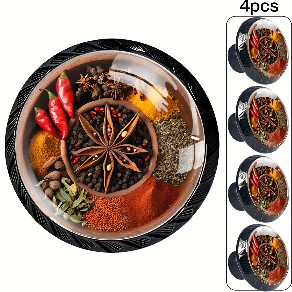 TEMU 4 pomos redondos hechos de ABS y cristal transparente con varios patrones de especias, ideales para tocador, armario, gabinete de cocina,