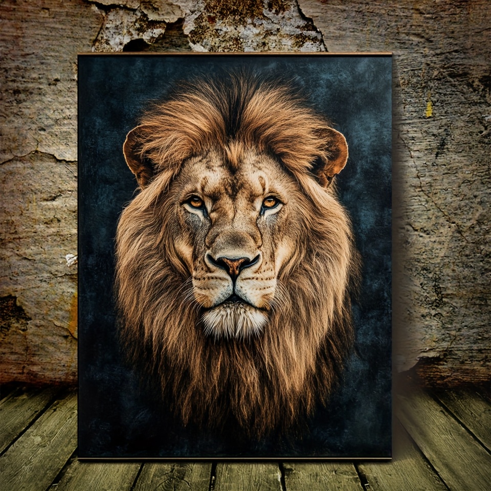 1 stuk Ingelijste Leeu Canvas Schilderij - Majestueuze Leeuhoofd Kunstwerk met Natuurlijk Houten Lijst