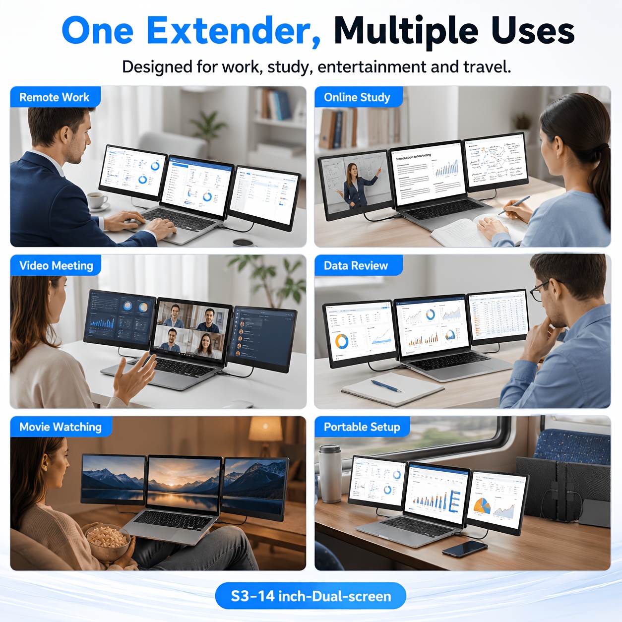 Laptop Screen Extender 14 / 15.6 Inch Dual Screen Portable Monitor, 1080P FHD IPS Screen, 178° Wide Viewing Angle, High Color Gamut, Plug And Play Three-Screen Expansion, Widely Compatible, USB-C/HDTV Video Output, Foldable External Monitor