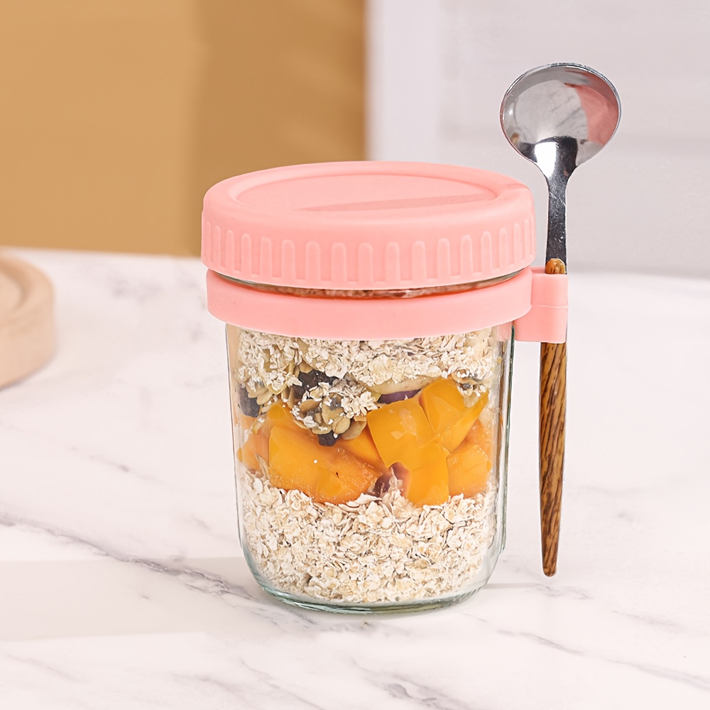 1pc/2pcs Glass Oatmeal Cup, Overnight Oats Jar With Lid And Spoon, 16oz Cereal, Milk, Vegetable And Fruit Salad Storage Container With Measurement