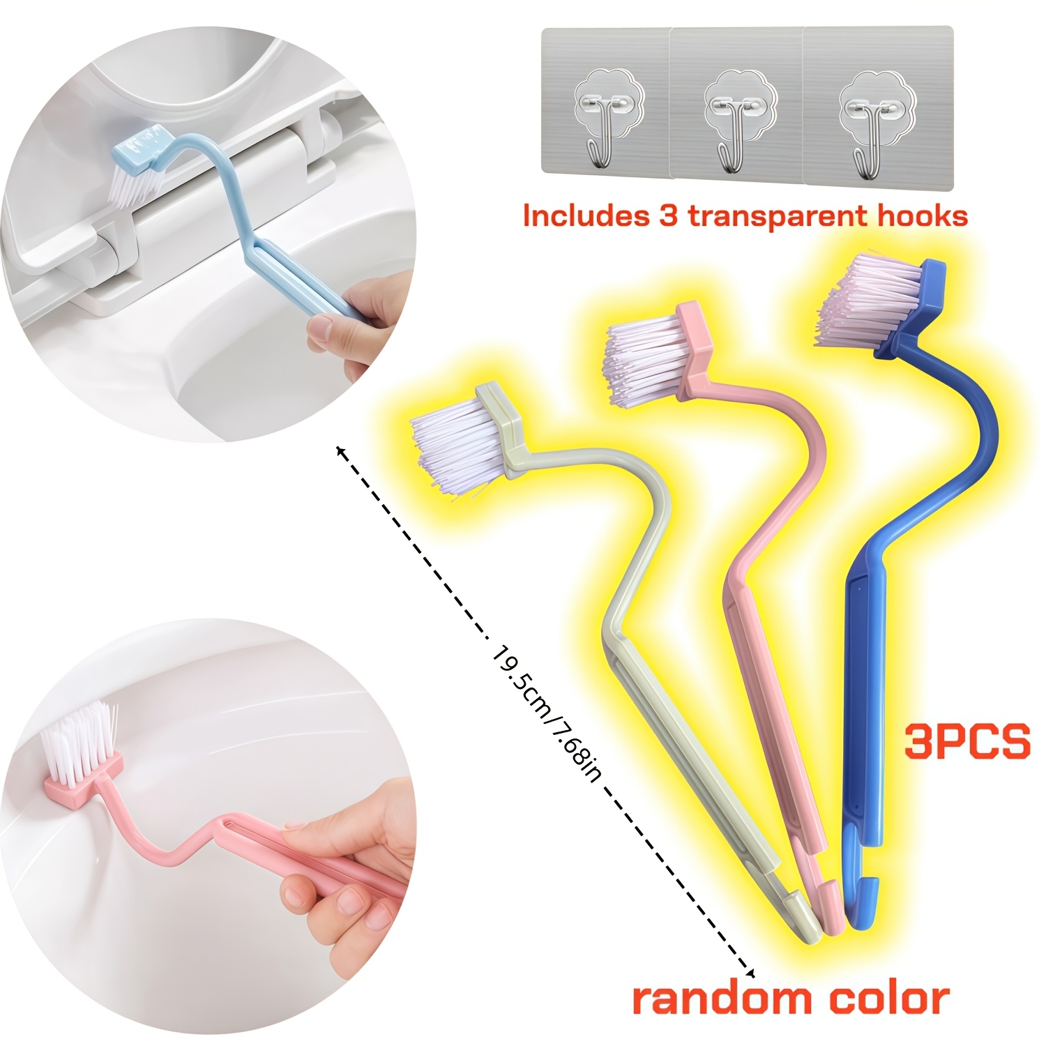 TEMU Juego de 6 piezas: 3 cepillos de inodoro con mango extendido en colores aleatorios + - de V adecuado para espacios estrechos, baños, uso