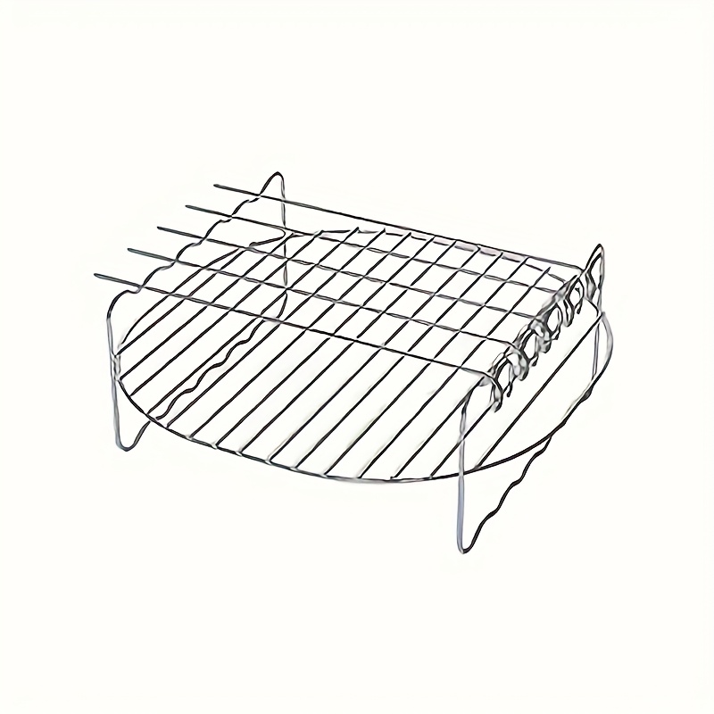 Stainless Steel Double-layer Air Fryer Grill Rack With 5 Skewers, Bbq Roasting Net And Food Holder For Home Kitchen Cooking