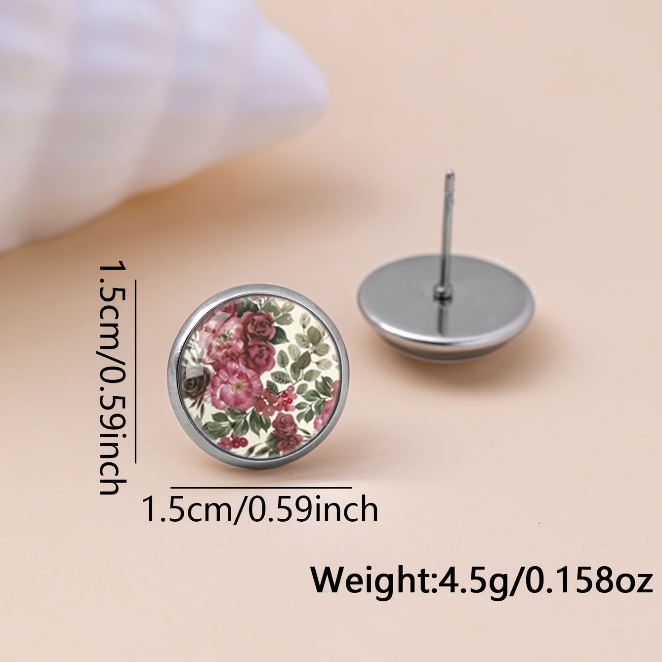 Rose Berry Crushed Floral Pattern Round Stud Earrings, Stainless Steel