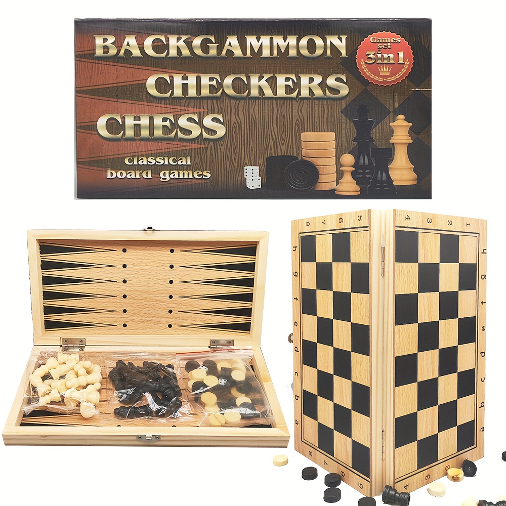 

Jeu d'échecs, de dames et de backgammon 3 en 1 - Édition standard, plateau en fibre de bois, jeu de société pour les 14 ans et plus, interactif multijoueur avec pliable et portable