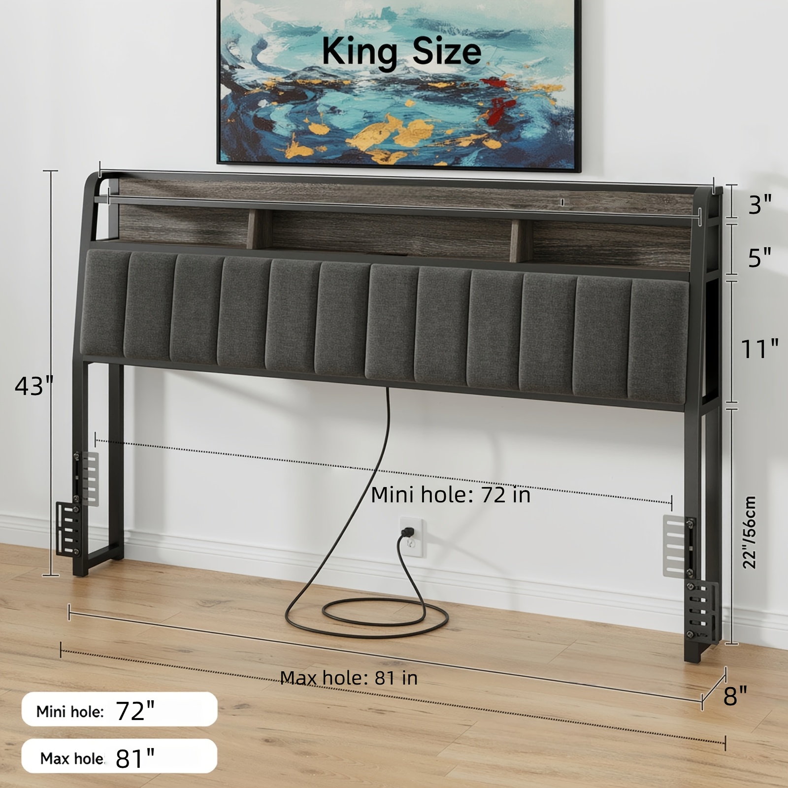 TEMU Headboard For Queen/king Size Bed With Storage, Head Board With Usb & Type C Port, Height Adjustable, Queen/king Head Board Only,, Sturdy And