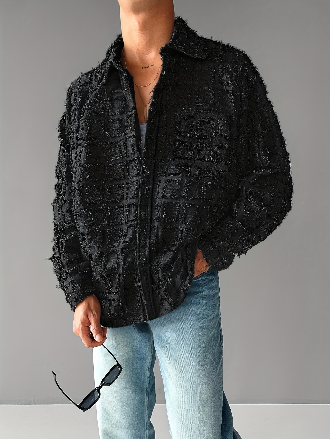 giacca a camicia casual in pile motivo quadri e Temu Italy