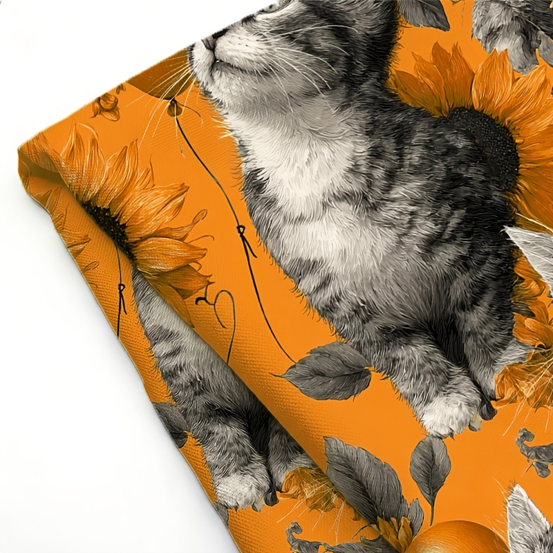 TEMU This Is A Printed Fabric With An Theme, Featuring A Blue Backdrop With Yellow Sunflowers, Balloons, And Adorable Cat Designs. It's Ideal For