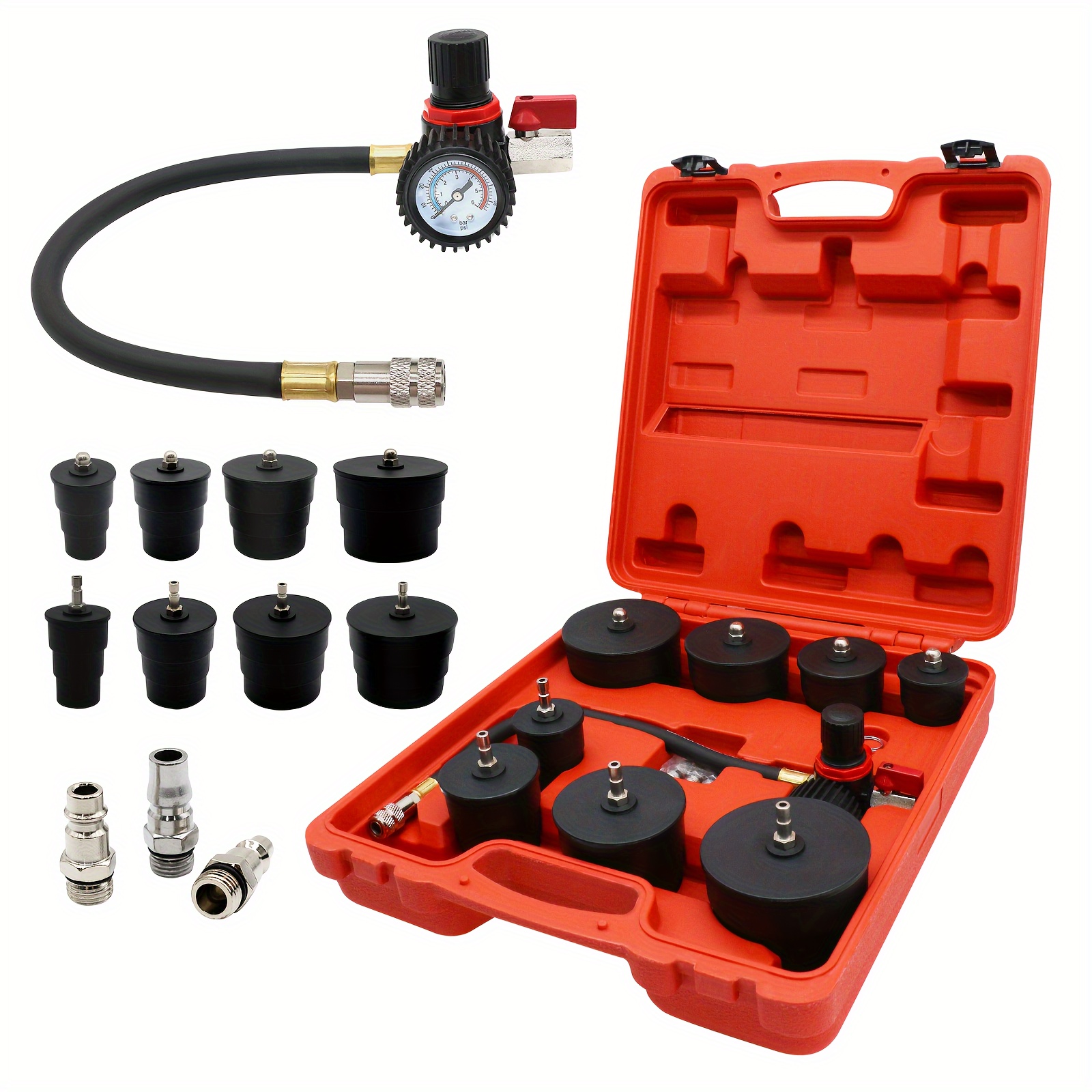 

Leakage Tester Kit, 12pcs Leak Tester Set With 4 Pairs Of Stepped Adapters 1-3/8" To 3-1/2", Turbo Pressure Leakage Tester For Cooling Emissions Exhaust Pipes