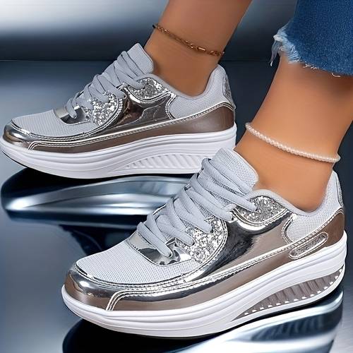 1 pair womens casual breathable running shoes with shiny soles lightweight mesh upper rocking effect heel eva sole casual attire ladies sneakers