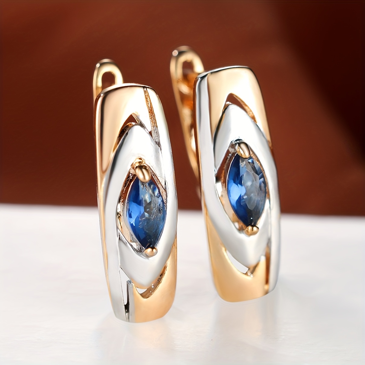 Image of 1 Pair Blue Zirconia Stud Earrings For Women Golden Color Fine Jewelry