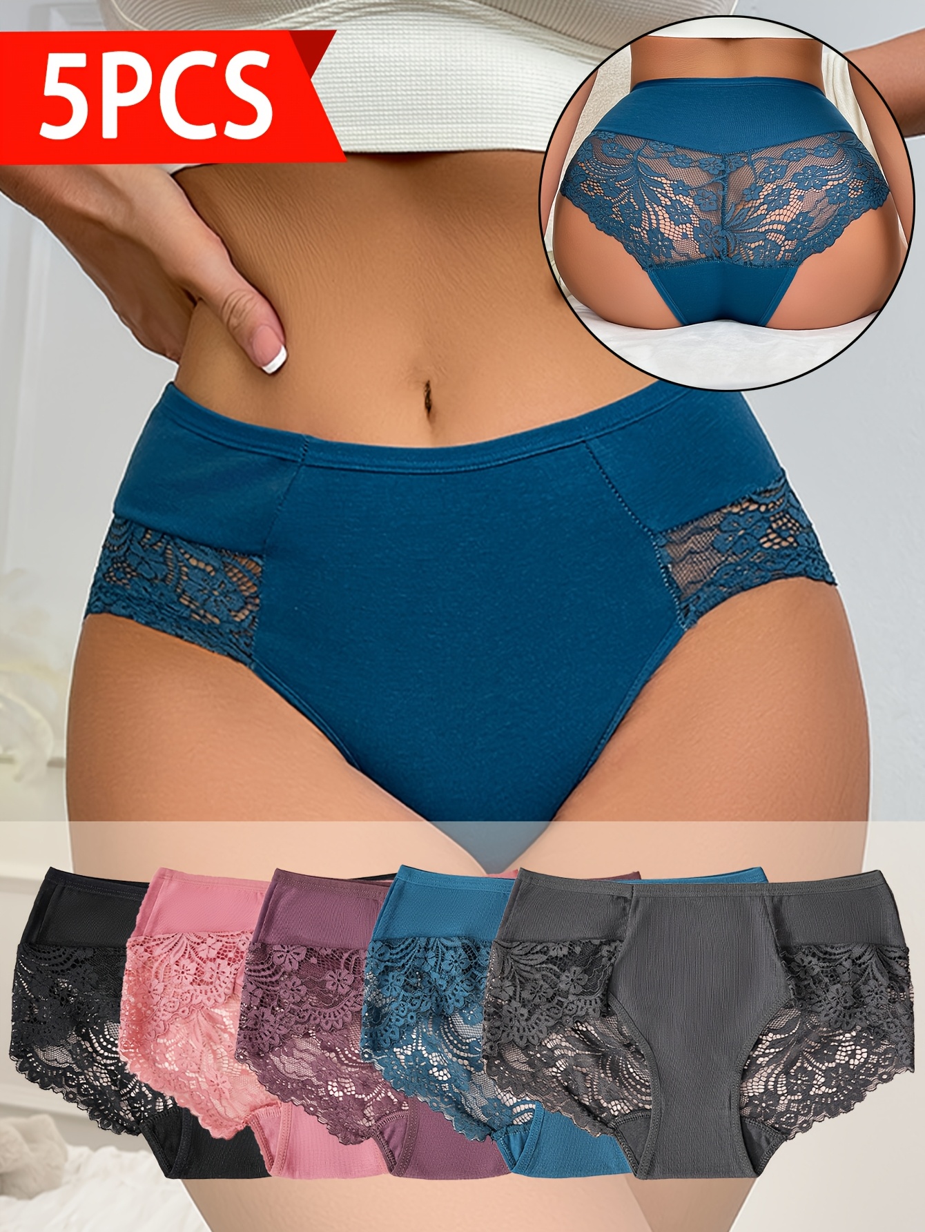 5pcs Women'S Elegant Lace Underwear - Semi-Sheer Breathable Mid-Rise Briefs with Contrast Lace Trim, High Elasticity Light Beige-Friendly Comfort, Assorted Colors (Navy, Pink, Black, Purple, White) for Casual Attire, Lace Panties, Comfortable Underwear, Semitransparent Design, Highelasticity Fabric, Daily Essentials, Stylish Panties, Soft Material, Seamless Panties, Stylish Women