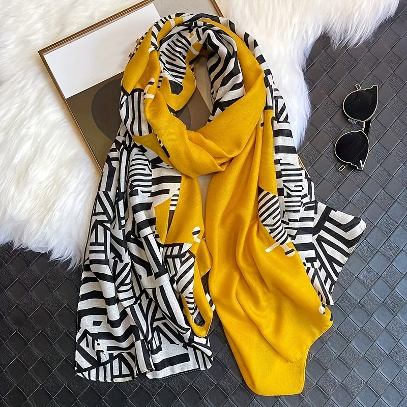 Print Scarf With Geometric Stripes – Breathable Polyester Shawl, Bohemian Style, Ideal For Beach Travel And