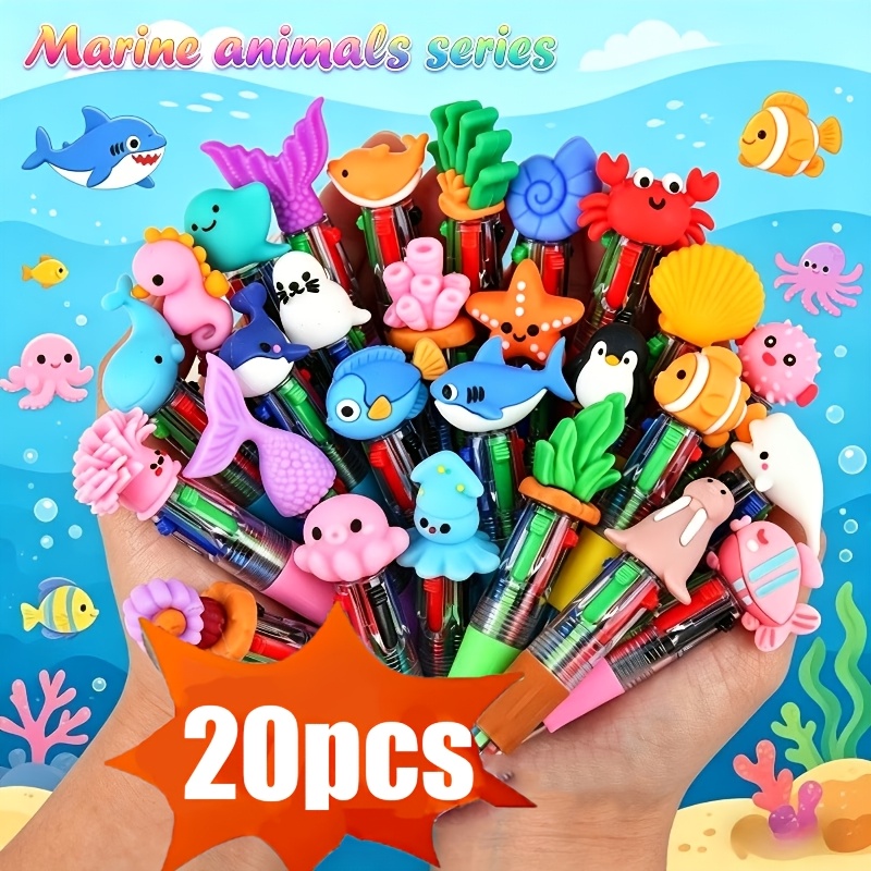 TEMU 20pcs Ocean-themed Small Fish Ballpoint Pens, Assorted Styles, Portable Four-color Pens, Dolphin Shark Ocean Animal Shapes, Back-to-school Party