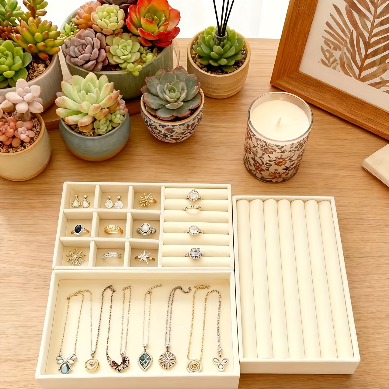 Velvet Half-Visible Jewelry Tray Set Includes Three Pieces