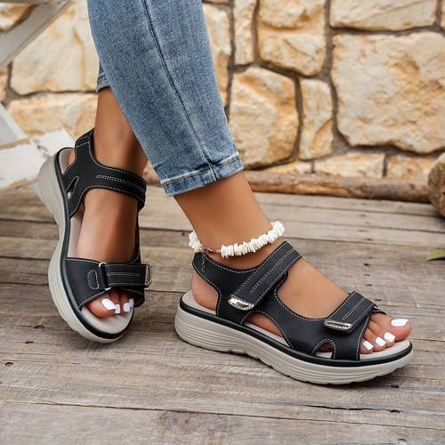 womens solid color thick soled sandals comfortable walking shoes casual open toe summer footwear with hook and loop ankle straps