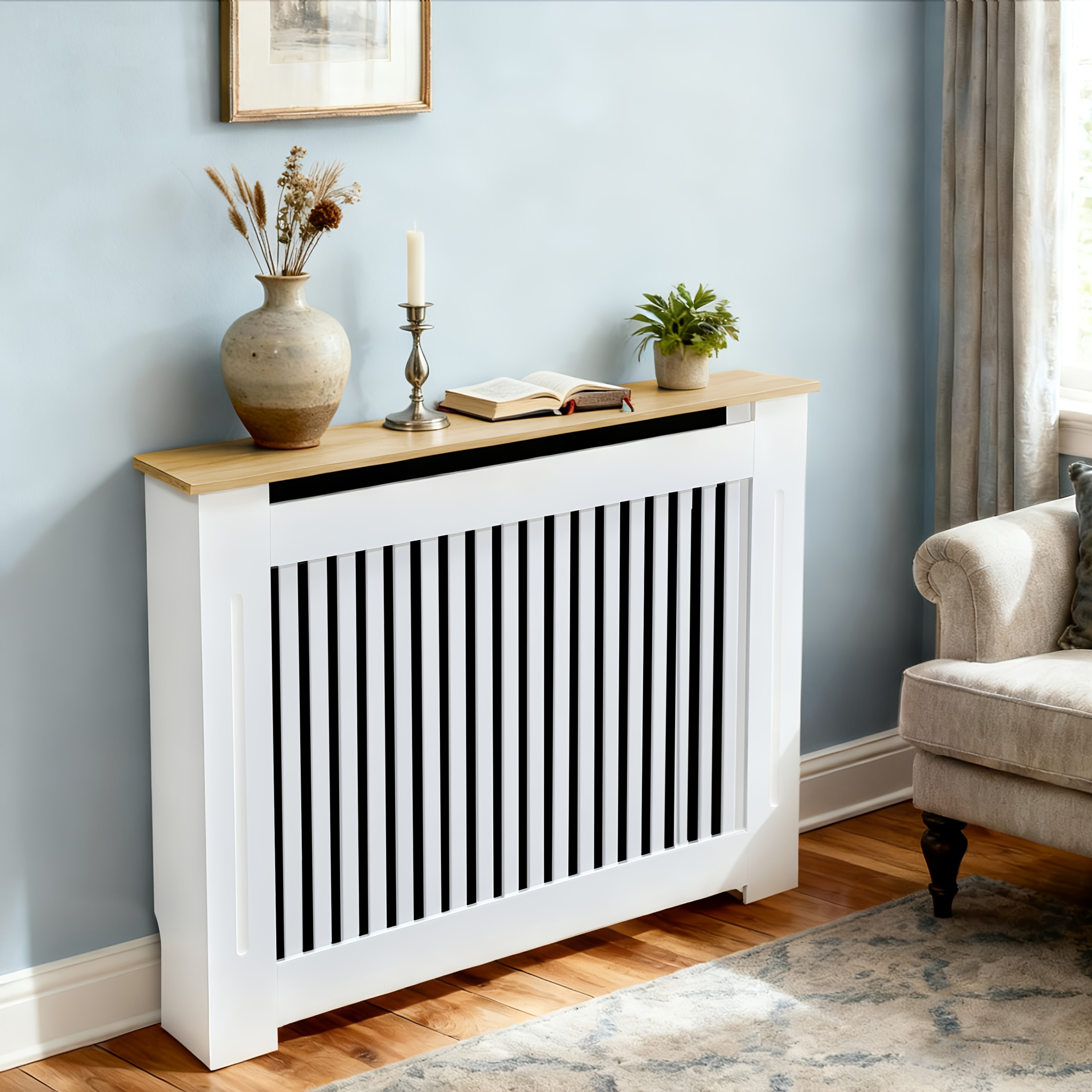Image of Modern Tall Vertical Radiator Cover With - Suitable For Large Heaters, Freestanding Heater Cover, Assembly, Space- For Living Room, Fits Modern Homes, Mdf