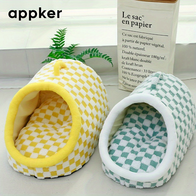   cozy checkerboard plush cat bed semi enclosed soft warm indoor kennel for cats portable and comfortable hideaway   Product details 1