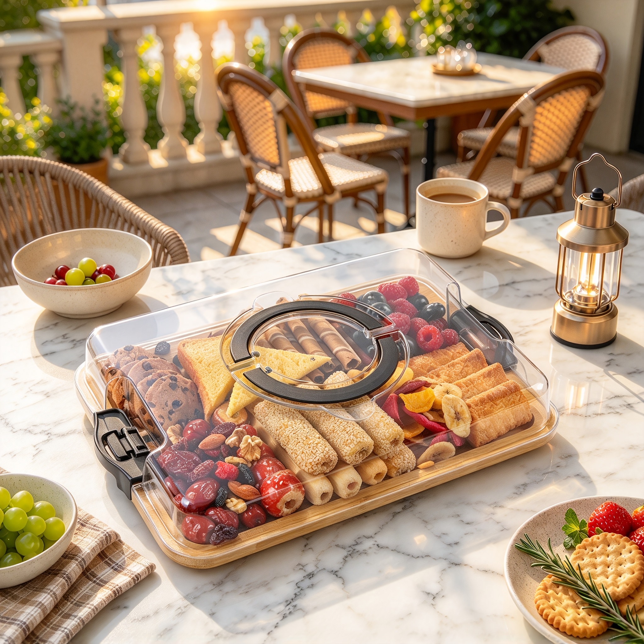 TEMU Planche à découper et plateau de service 2-en-1 avec couvercle verrouillable transparent et poignée - Planche en bois thermolaquée adaptée pour