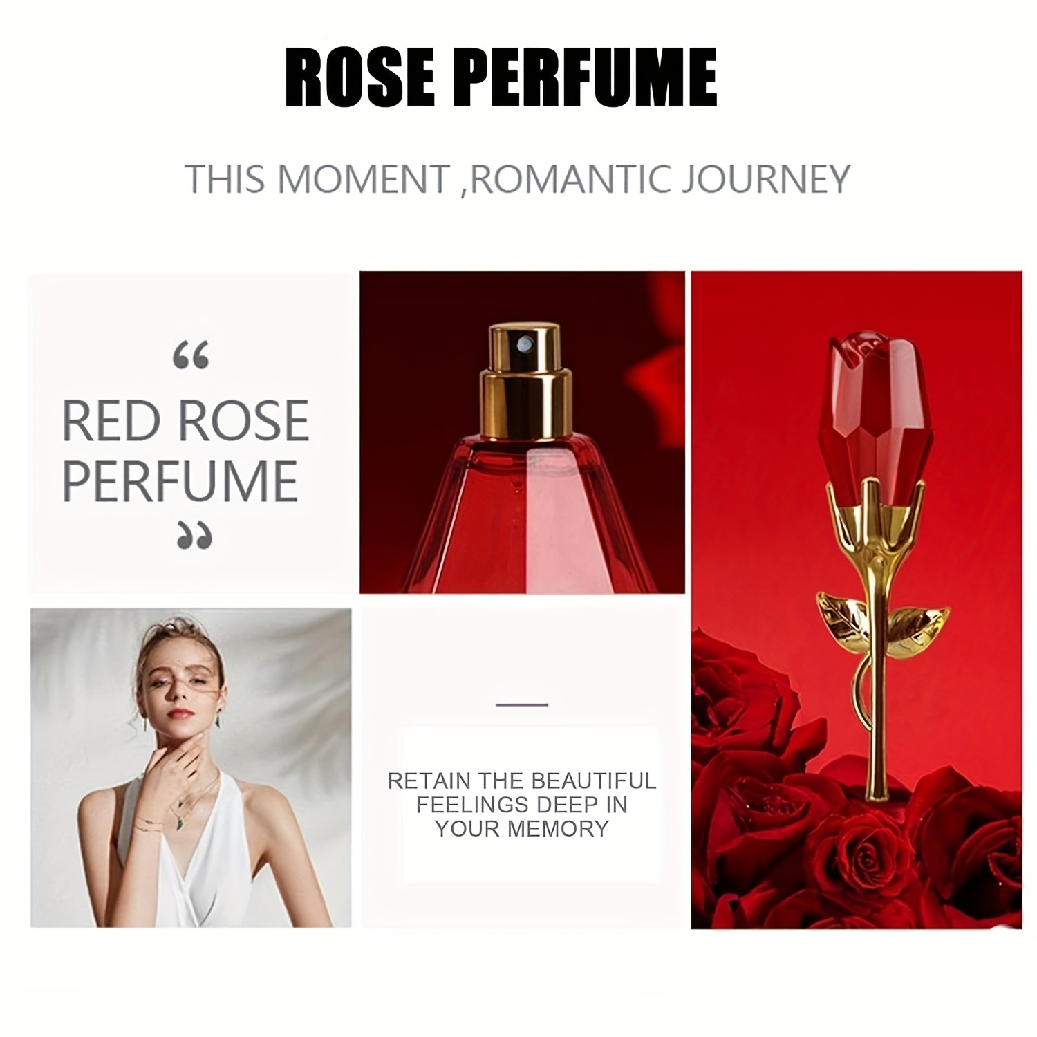 Ženski parfem u obliku ruže - Dugotrajan 12H svjež cvjetni miris, elegantan crveni i zlatni luksuzni dizajn, Midnight Rose/Paris Love Series, idealan poklon za vo i blagdane, siguran za osjetljivu kožu, uključena elegantna poklon kutija (tekući parfem)