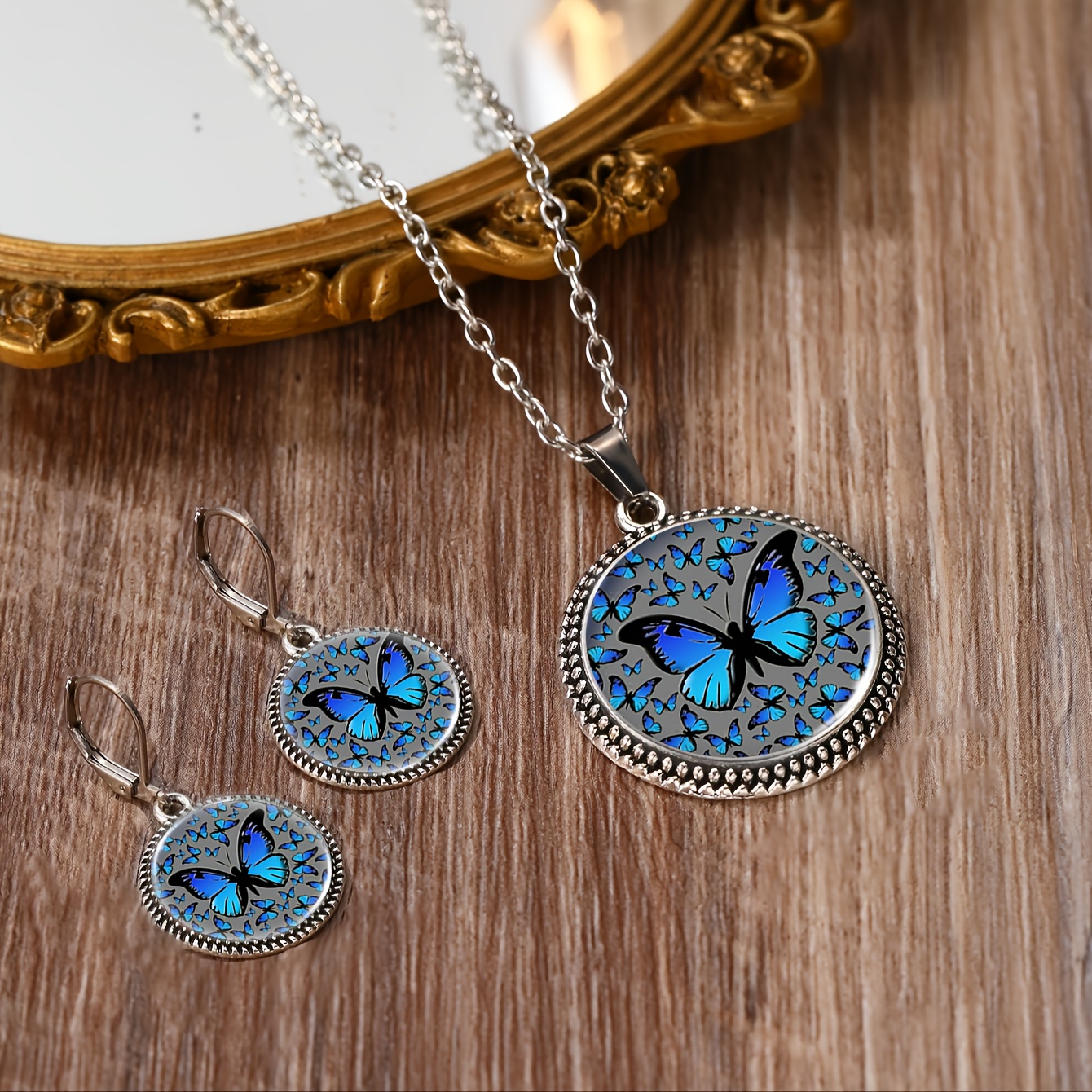 3pcs Elegant Blue Butterfly Pattern Necklace and Earrings Set