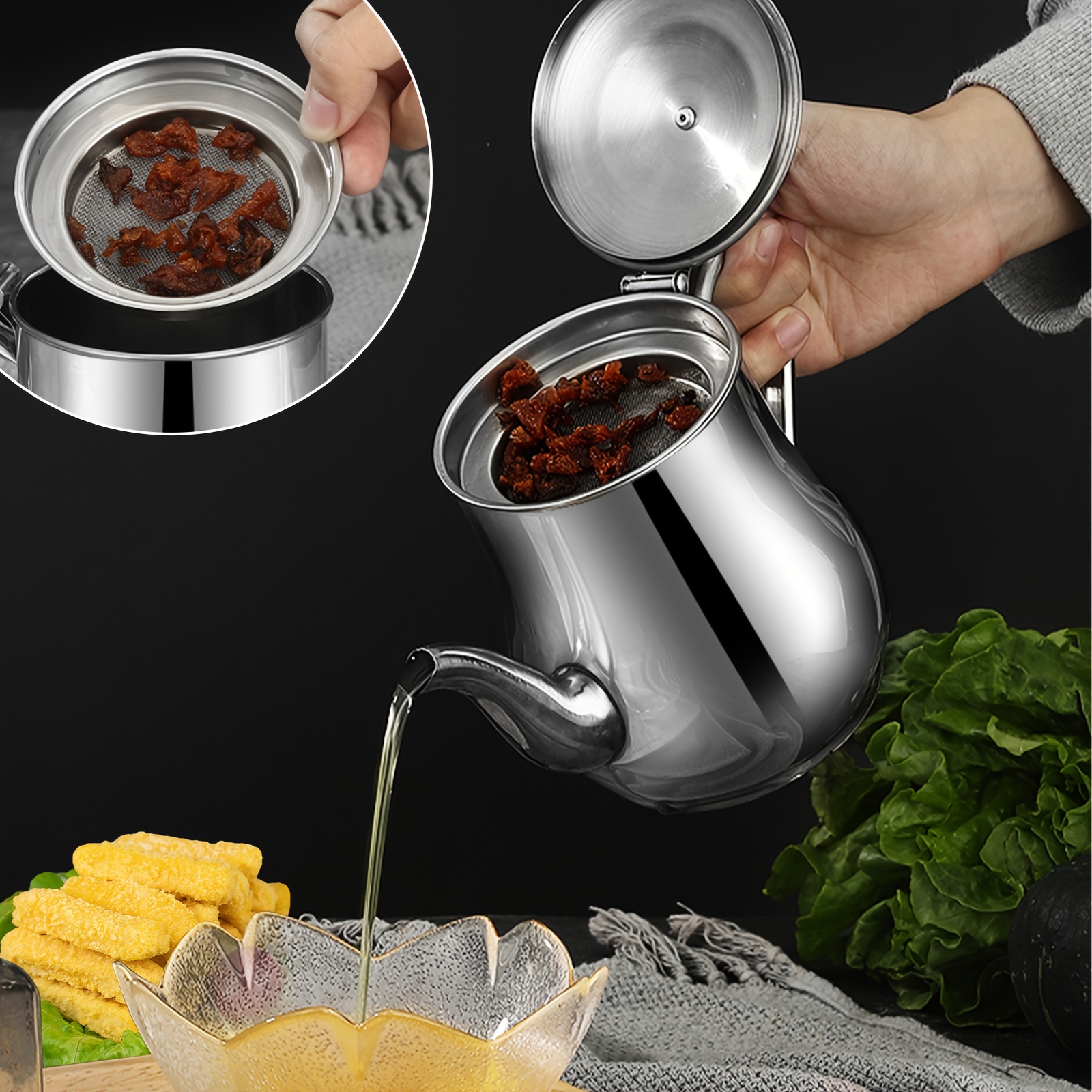 48oz stainless steel gooseneck teapot with built in filter bpa   tea kettle coffee server olive   oval table serving pot for   outdoor dishwasher safe silver details 2