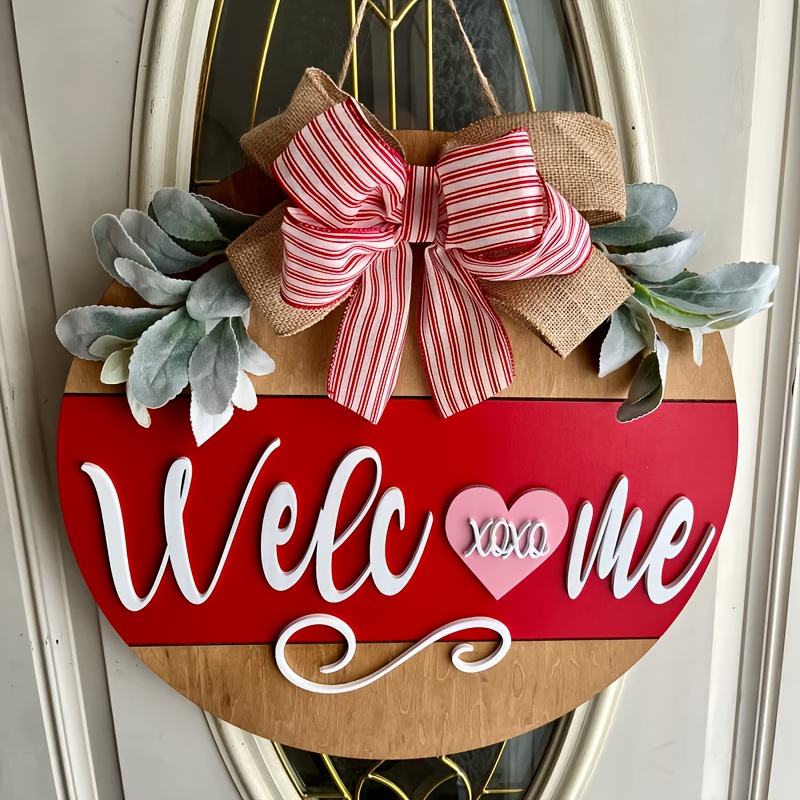 

1pc Rustic Wooden Valentine's Day Welcome Sign - 3d Door Hanging Decor With Greenery Accents, Farmhouse Style Porch Decoration, No Electricity Required, Festive Home Decor For Valentine's Day