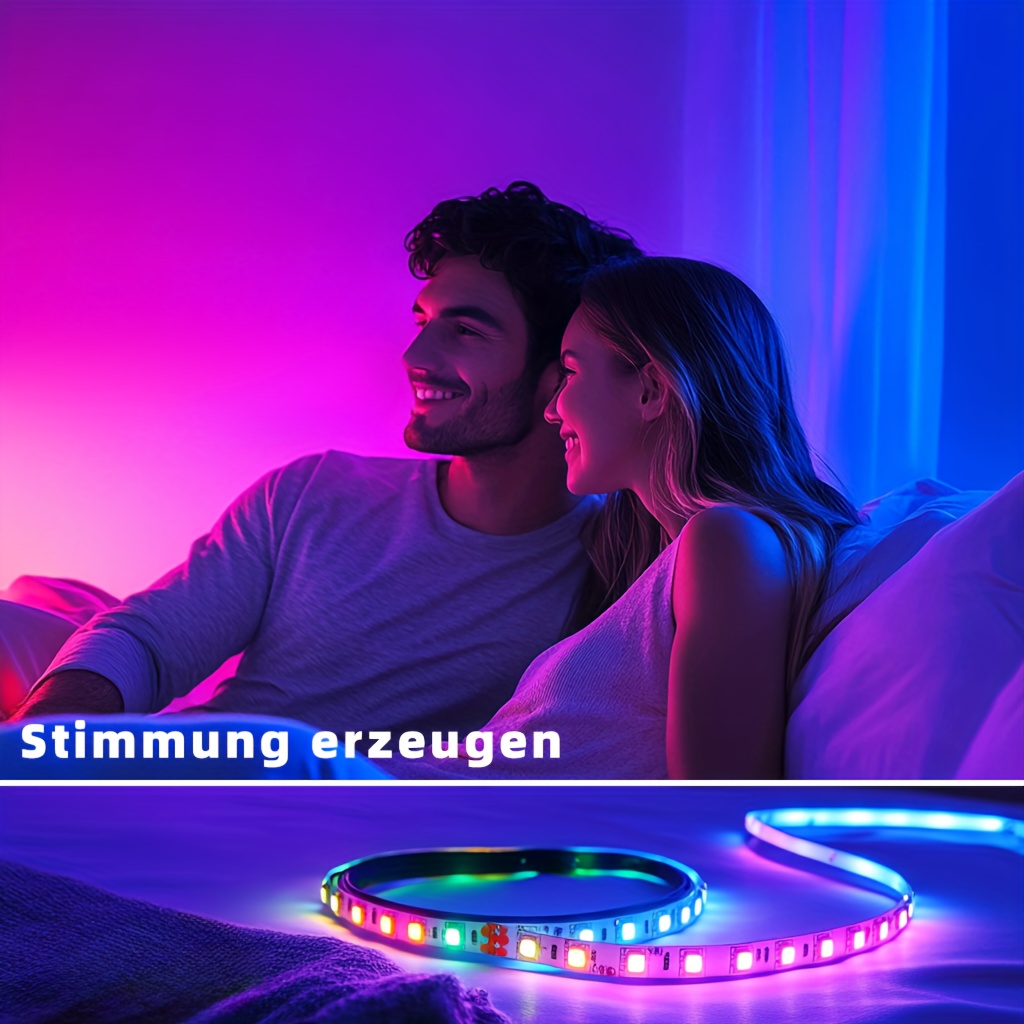Intelligente LED-Streifenleuchten für Schlafzimmer, mit RGB-Farben, steuerbar über App und Fernbedienung. Perfekt für die Heimdekoration, diese farbwechselnden Lichter sind ideal für Partys und Feiertagsfeiern.