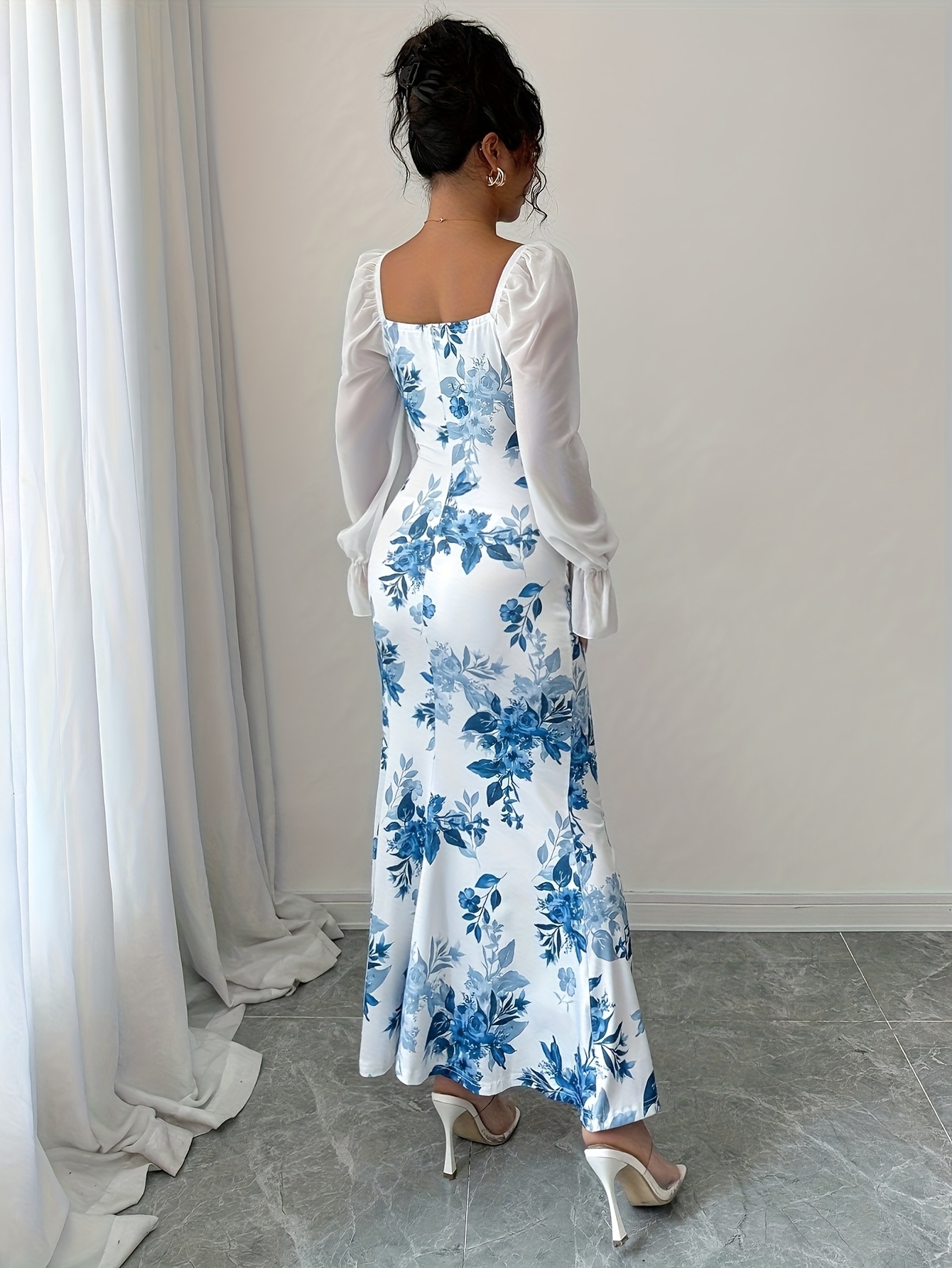 Elegant Floral Print Long Sleeve Bubble Sleeve Notch Neck Bodycon Dress | Long Length, Mermaid Hem, Skinny Fit, Suitable for Spring/Summer/Fall