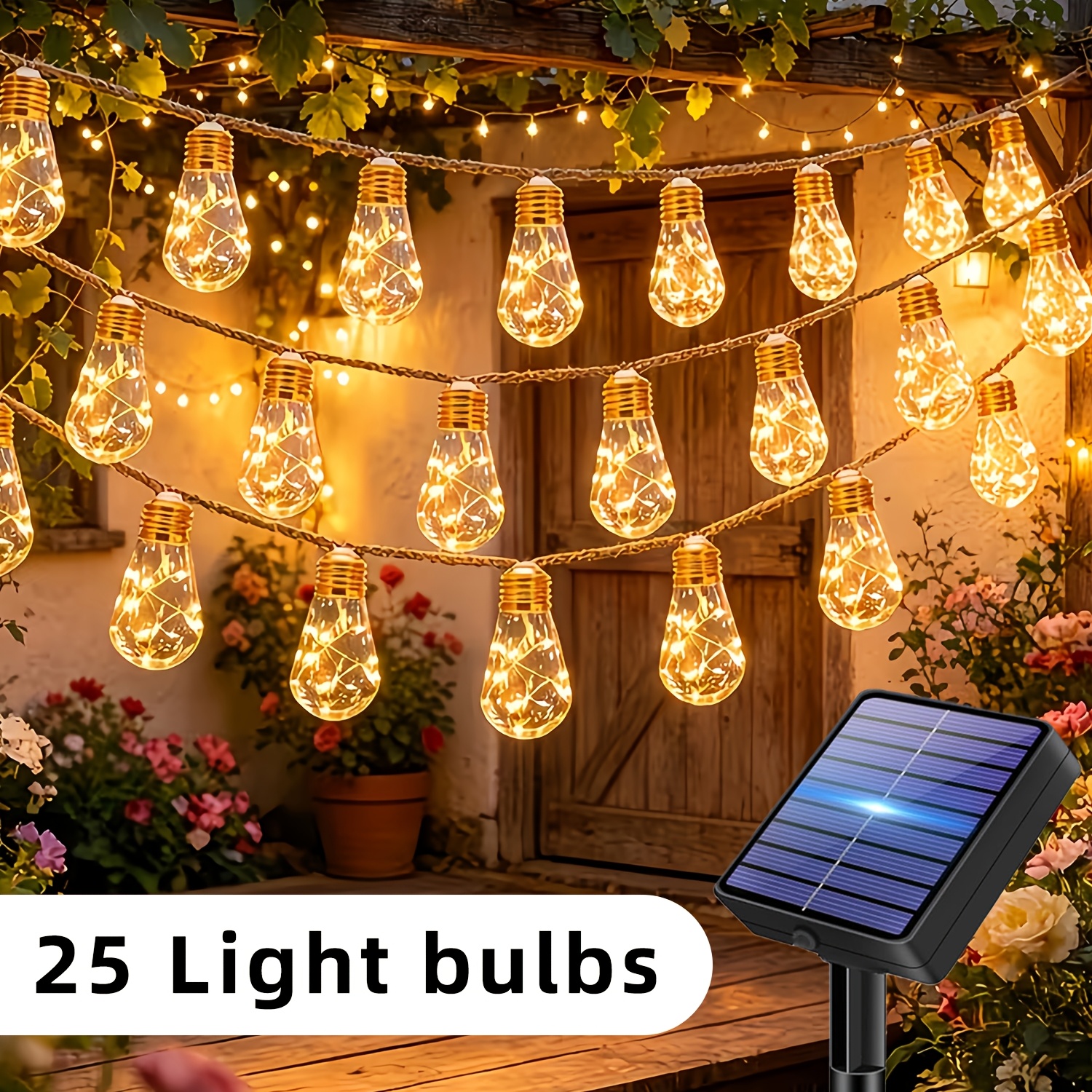 TEMU Luces solares retro para patio exterior, con 25/10 bombillas, guirnaldas de luces de colgantes de 8 , , adecuadas para fiestas de , patios,
