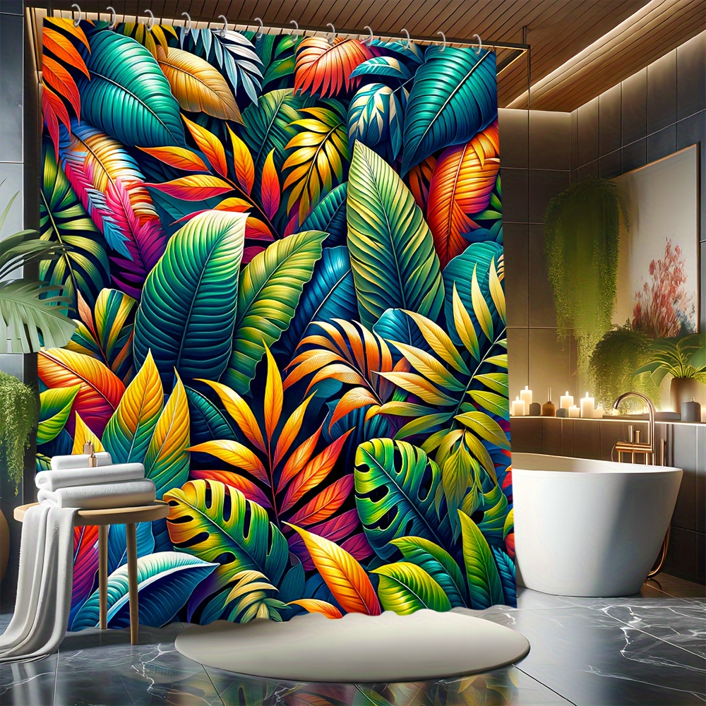 

1pc Tropical Leaf Pattern Shower Curtain, Waterproof Curtain With Free Curtain Hooks, Easy-to-hang, No Drilling Required, Bathroom Decor Accessories