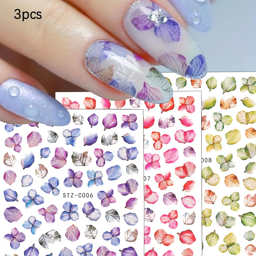 3d Hydrangea Flower Nail Art Stickers - Self-adhesive, Shimmering Floral Charms For Wedding & Elegant Nail Designs, Purple, Red & Multicolor , S206-s208, Plastic Material, Easy To Apply