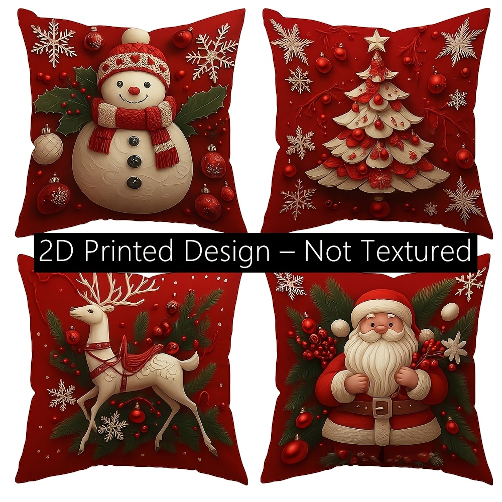 TEMU 4pcs Christmas Pillow Covers, 2d Printing Double-sided Print, Snowman Santa Reindeer Christmas Tree Pattern, Modern , Non-embroidery, No Insert,