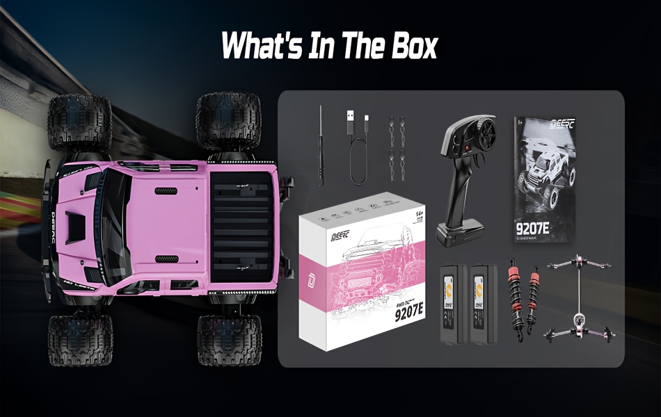 DEERC 1:10 Scale High-Speed RC Monster Truck - 48+KM/H All-Terrain Off-Road Crawler, 4X4 Remote Control Car with Remote Drain Valve, Heavy-Duty Metal chassis, Pink Racing Truck with Flashing Lights - with 2 Modular Batteries & Charger for Adults/Kids - Ideal Birthday/Christmas Gift for RC Hobbyists, Allterrain Racing, Sporty Design, Robust Tires
