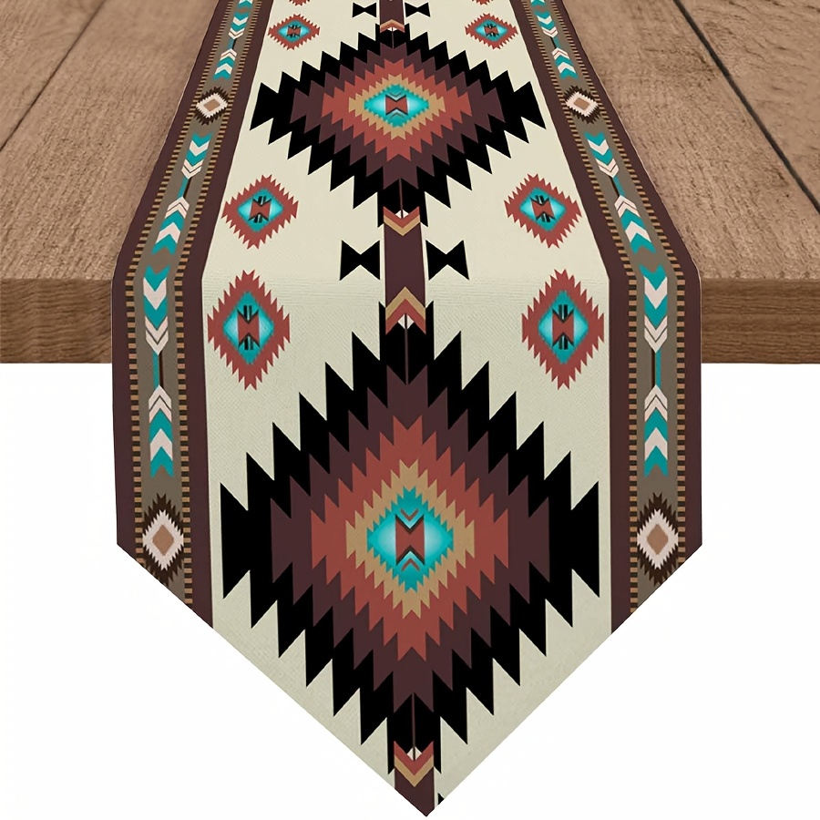 

1pc -chic Linen Table Runner - Southwestern Native Geometric Pattern In Brown, , And , Ideal For Dining Room & Celebrations, 100% Linen, Woven Style