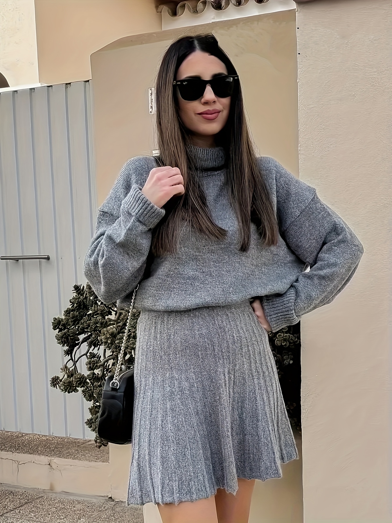chic two piece set stylish high stretch sweater fall winter Temu