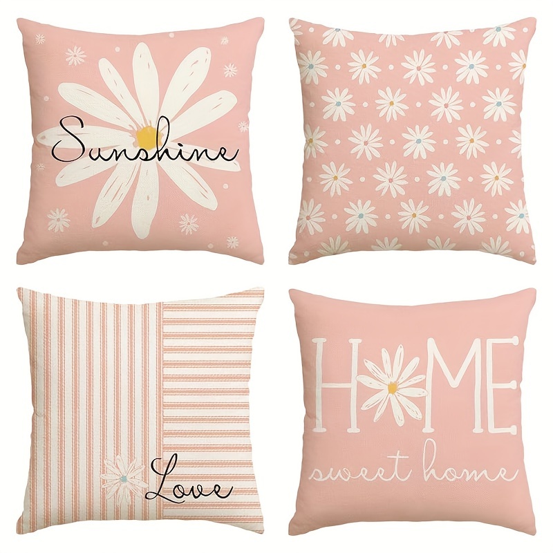 

4pcs, Avoin Colorlife Hello Sunshine Pink Throw Pillow Cover, 45x45cm Home Sweet Home Daisy Stripe Cushion Cover Sofa 4-piece Set